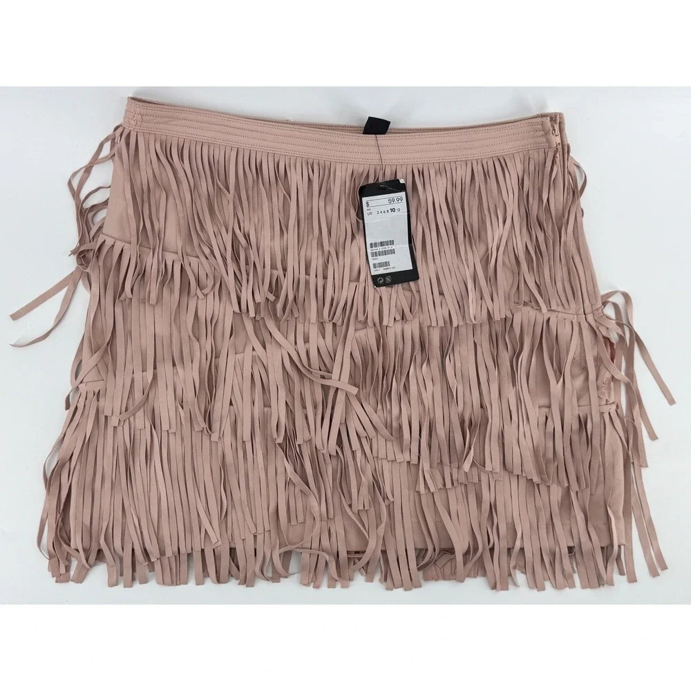 H&M Pink Faux Leather Fringe Mini Skirt Tiered Western Festival Size 10 NEW‎